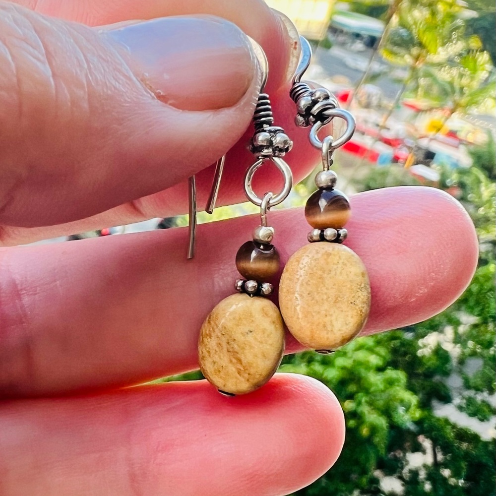 Earthy Tan Stone & Tigers Eye Dangle Earrings